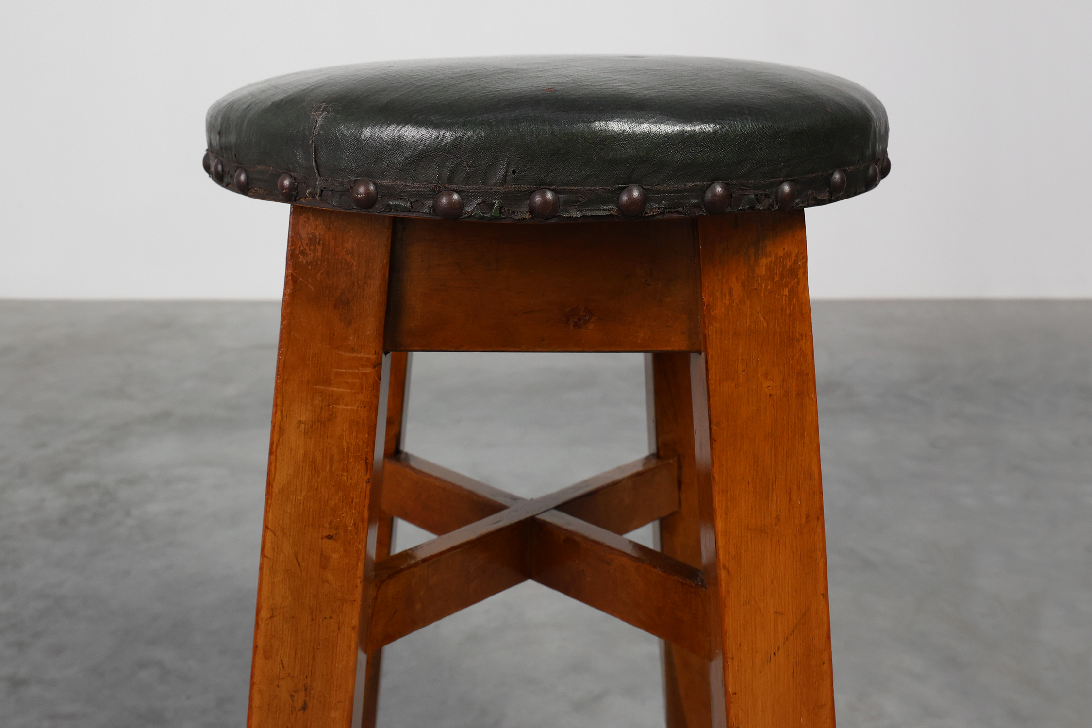 Arts & Crafts Meets Early Art Deco Oak & Leather Stool, France 1920 thumbnail